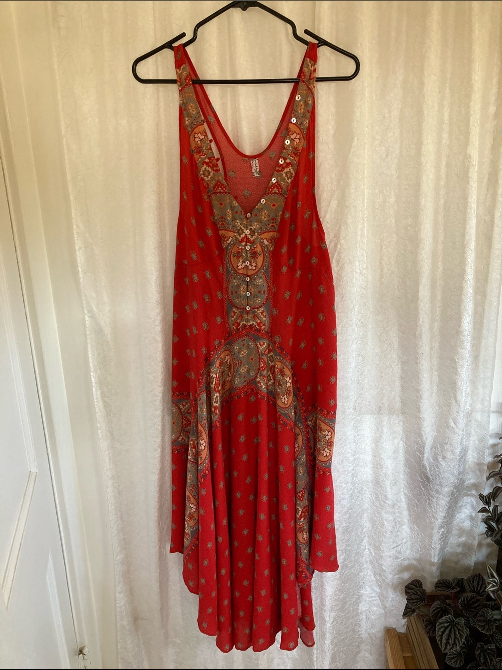 Free People Red Paisley Asymmetrical Maxi Dress with Embellishment